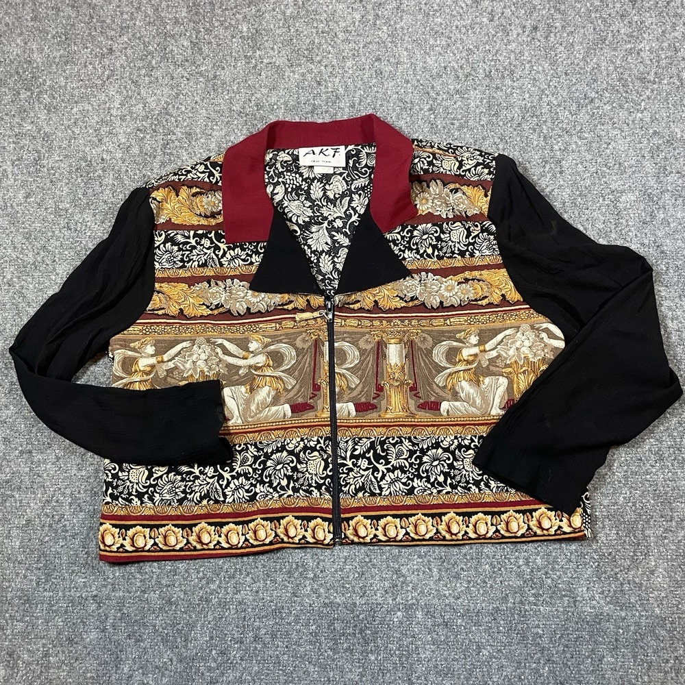 Vtg AKF Unstructured Blazer Jacket Top 10 USA 80s 90s Artsy Boroque Tapestry Zip